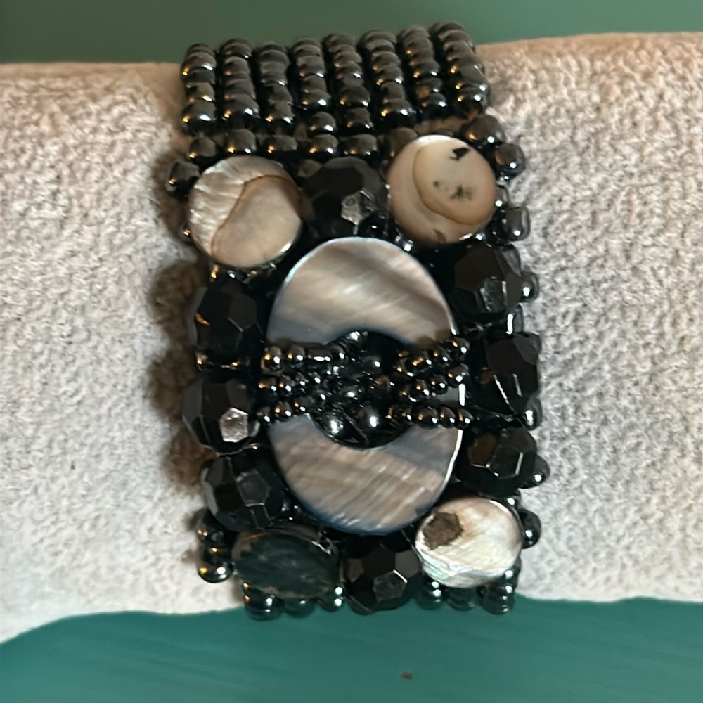 Hematite and Mother of Pearl Beads Multi-Strand Stretch Cuff Bracelet